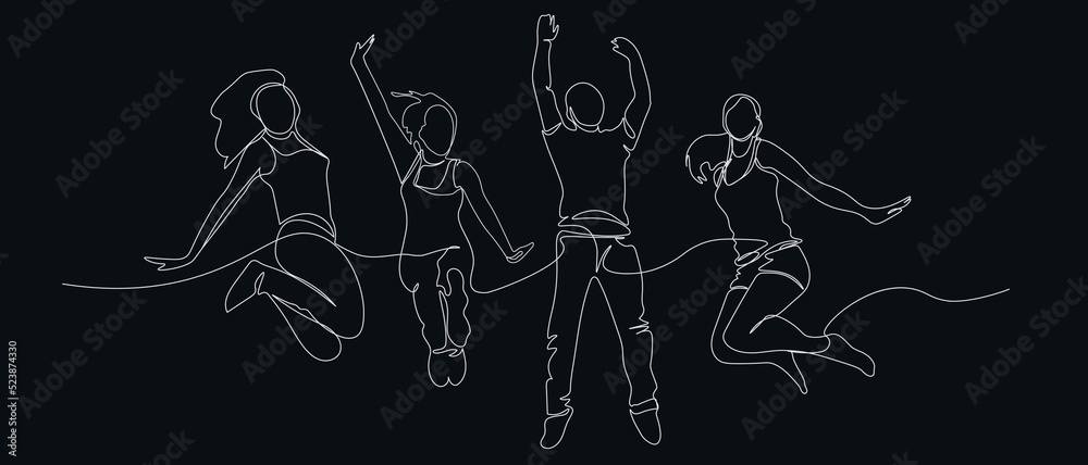 Line art group of people. People express happiness, hand drawn vector illustration. People jump up
