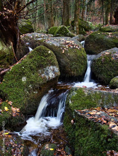 Small waterfall at Gaisholl Waterfalls surrounded by mossy rocks and trees in the background on a fall day in the Black Forest of Germany.