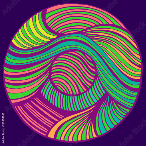 Circle doodle style pattern with multicolor lines. Element isolated on purple background. Creative decorative ornament for design.