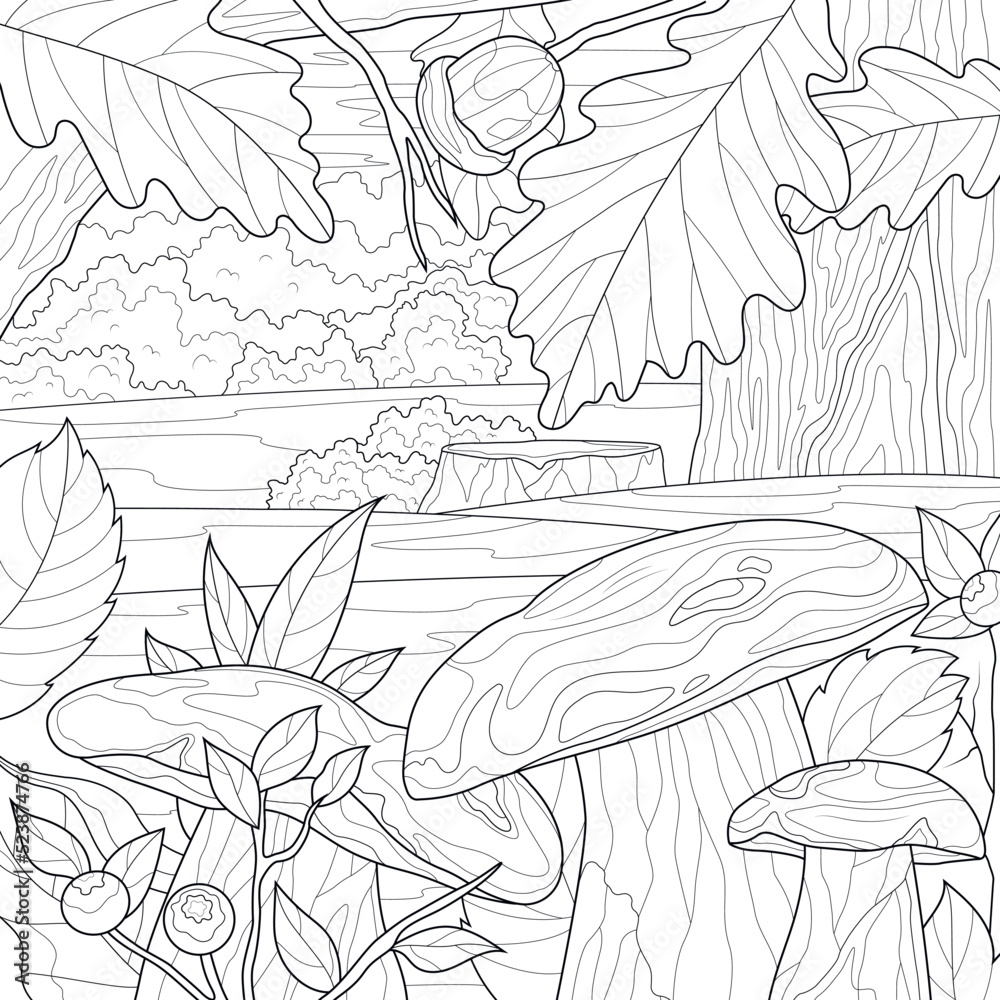 Autumn landscape with mushrooms.Coloring book antistress for children and adults. Zen-tangle style. Hand draw
