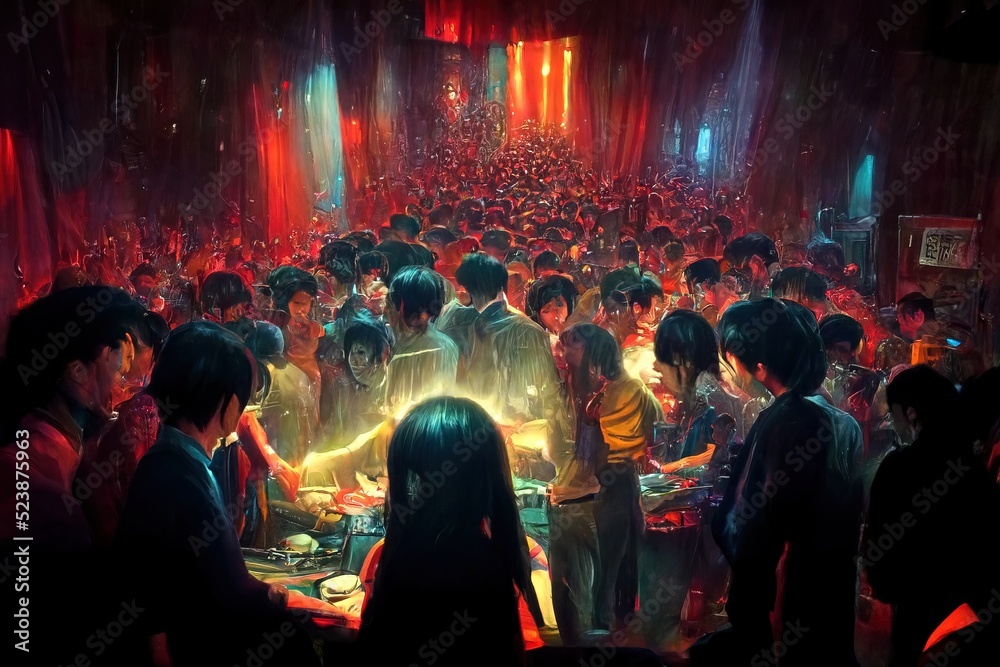 In a 3D Illustration, a group of people had a party with the red lighting in the club