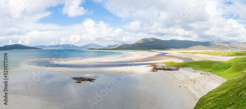 Wide panoramic view of Luskentyre Sands beach on the Isle of Harris, Scotland, UK