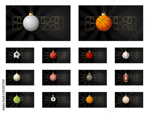 2023 new year and christmas sport banner set. Collection of Christmas greeting card with realistic sport ball as a xmas ball on black background with number 2023. Vector illustration set