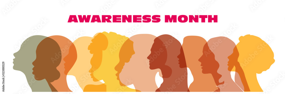 Awareness Month banner with colorful silhouette womans.	