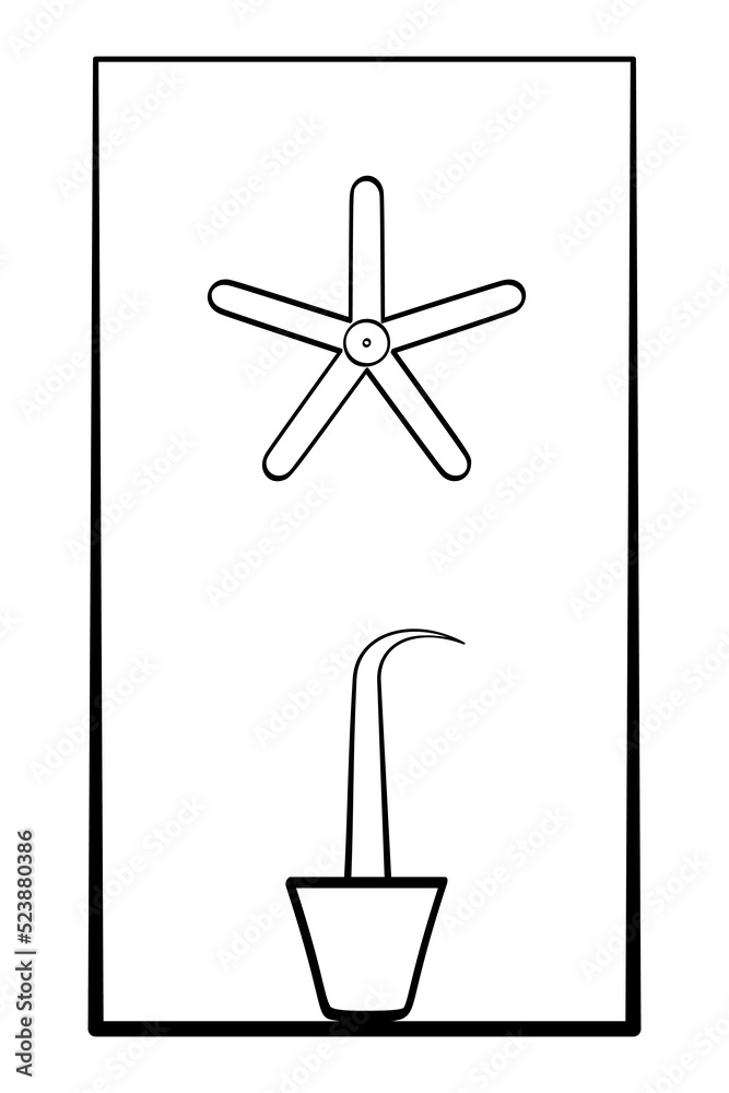 Seba star and incense burner, in a rectangle frame. Symbol of a star with a circle, representing