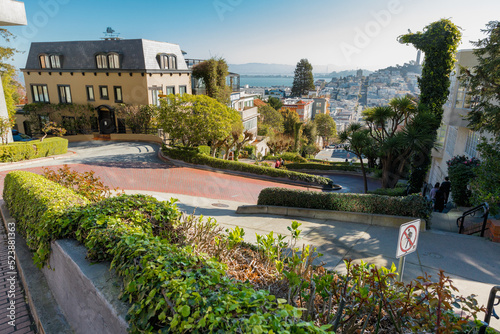 Beautiful view from the top of Lombard Street on a sunny day. Russian Hill neighborhood in San Francisco