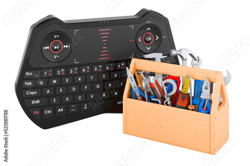 Keyboard with tool box. Service and repair of mini computer keyboard, 3D rendering