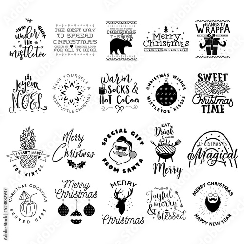 Merry Christmas lettering designs set on dark background. Holidays quotes. Stock vector Christmas typography and calligraphy arts for t-shirt printing
