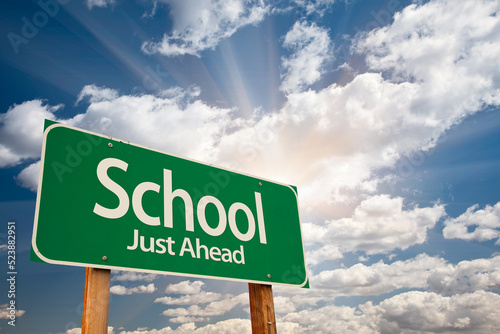 School Just Ahead Green Road Sign.