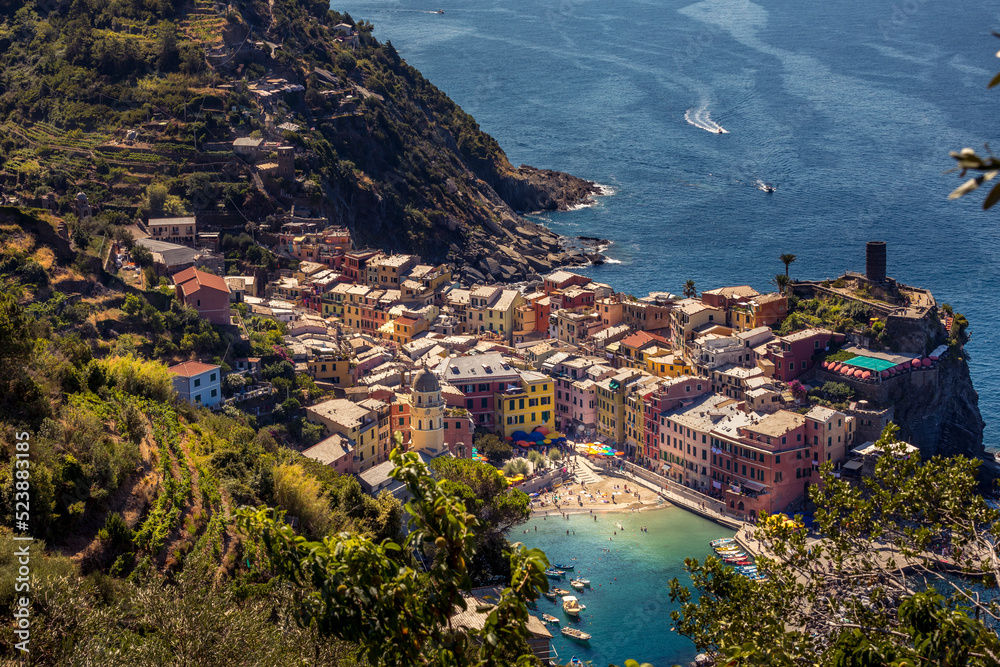Vernazza, Italy - August 1, 2022: View of the beautiful seaside of the village of Vernazza in summer in the region of Cinque Terre, Italy
