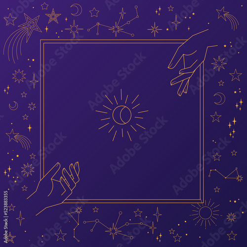 Astral celestial frame with stars, hands, sun, moon phases, and copy space. Mystic design. Ornate magical banner with a place for text. Linear geometric border