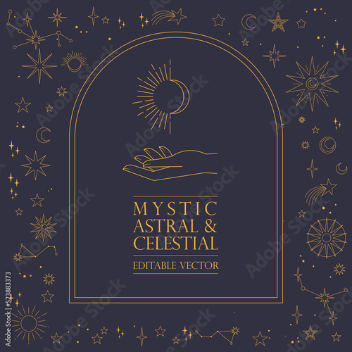 Astral celestial frame with stars, hands, sun, moon phases, and copy space. Mystic design. Ornate magical banner with a place for text. Linear geometric border