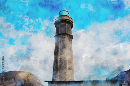 Watercolor illustration of the old lighthouse on Capelinhos Island, Azores