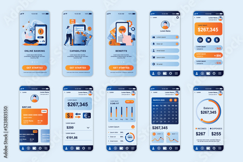 Banking concept screens set for mobile app template. People make online transactions and manage financial account. UI, UX, GUI user interface kit for smartphone application layouts. Vector design