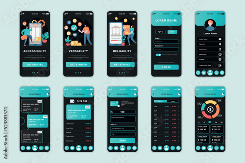 Banking concept screens set for mobile app template. People manage financial account, paying and investing money. UI, UX, GUI user interface kit for smartphone application layouts. Vector design