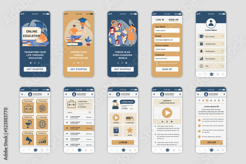 Education concept screens set for mobile app template. People learning online, remote study, skills training platform. UI, UX, GUI user interface kit for smartphone application layouts. Vector design