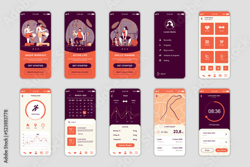 Fitness concept screens set for mobile app template. People at groupe workout, online training and healthy lifestyle. UI, UX, GUI user interface kit for smartphone application layouts. Vector design