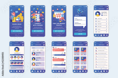 Social network concept screens set for mobile app template. People share ideas online, blogging, connect with friends. UI, UX, GUI user interface kit for smartphone application layouts. Vector design