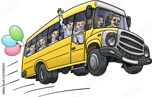 The driver takes a schoolchildren to school on a bus.