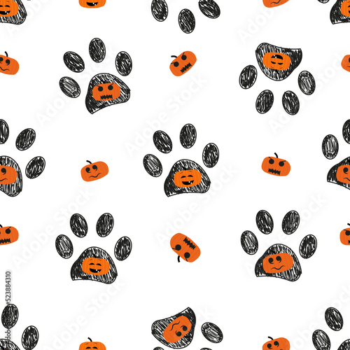 Doodle paw prints with funny pumpkin. Happy Halloween card. Fabric design seamless pattern