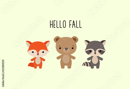 Hello autumn cute woodland animals. Kawaii fox  bear  raccoon. Adorable woodland animals fall design. Hello fall text. Flat design cartoon style vector illustration.