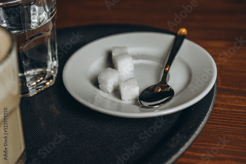 refined sugar (sugar cubes) on a saucer with a spoon
