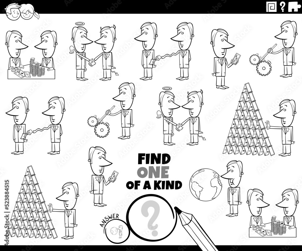 one of a kind game with cartoon businessmen coloring book page
