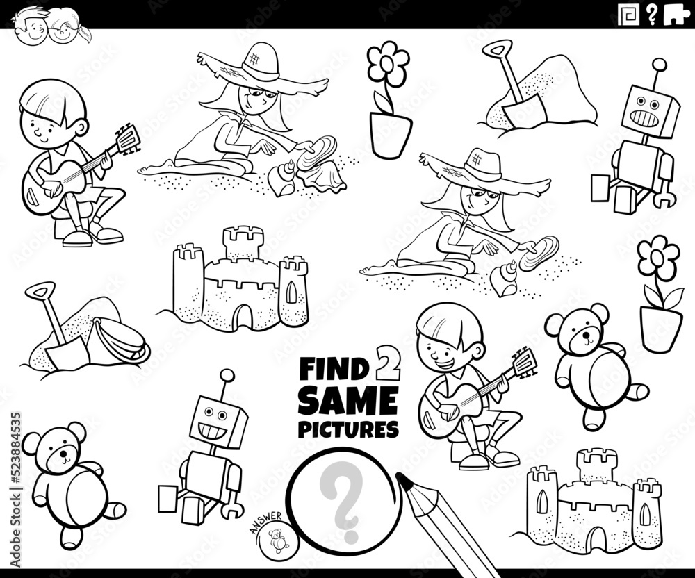 Obraz premium find two same comic pictures educational task coloring page