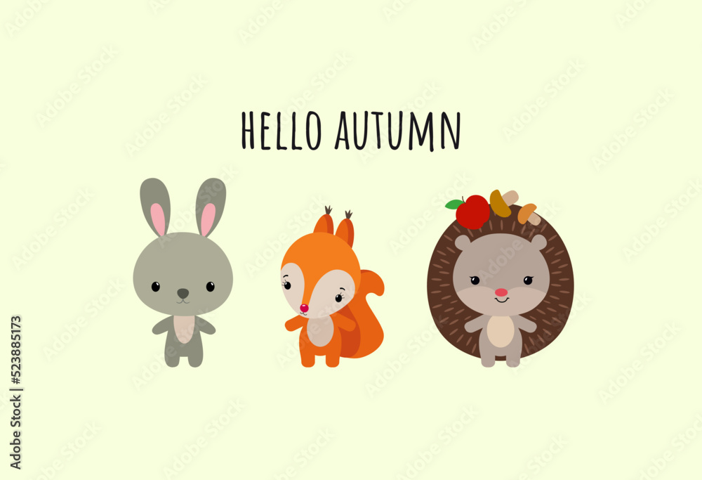Naklejka premium Hello fall cute woodland animals. Adorable woodland animals fall design. Hello autumn text. Kawaii hedgehog, squirrel, rabbit or hare. Flat design cartoon style vector illustration.