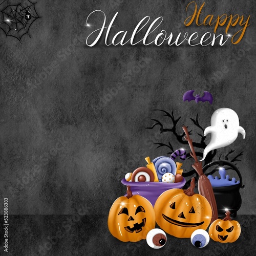 Halloween square card with set of cartoon illustration on black textured background. Trick or treat. Pumpkin, ghost, bat, hat, broom, socks, potion, pot, cat, spider, candy. Mystery and creepy.
