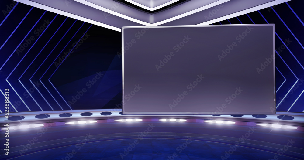 Medium shot of a modern, virtual TV show background with a monitor
