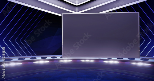 Medium shot of a modern, virtual TV show background with a monitor. Ideal for TV shows, tech or launch events. 3D rendering backdrop suitable on VR tracking system stage sets, with green screen