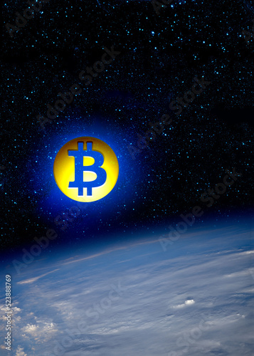 Digital Bitcoin currency space planet. Elements of this image furnished by NASA https://images.nasa.gov/