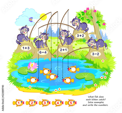 Math education for children. What fish does each kitten catch? Solve examples and write the numbers. Educational page for kids. Printable worksheet for school workbook. Cartoon vector illustration.