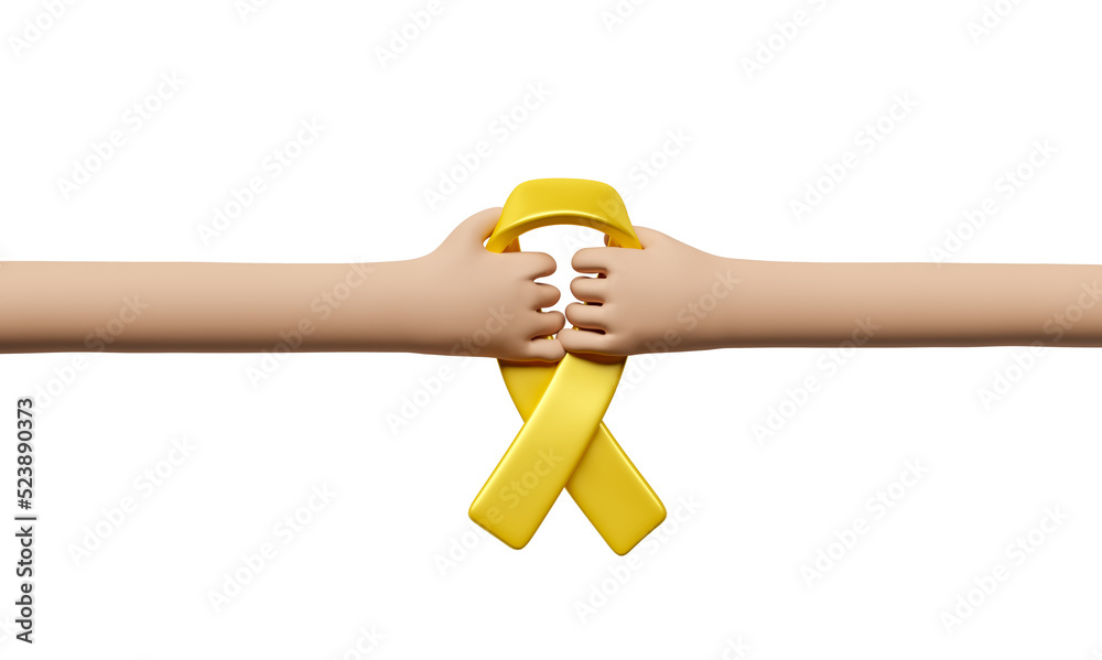 Hands with yellow awareness ribbon in 3d render  - obrazy, fototapety, plakaty 