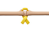 Hands with yellow awareness ribbon in 3d render 