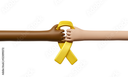 Hand with yellow awareness ribbon in 3d render