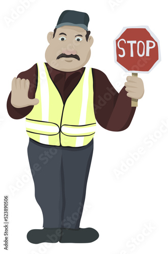 Male crossing guard standing with stop sign making stop hand gesture cartoon illustration