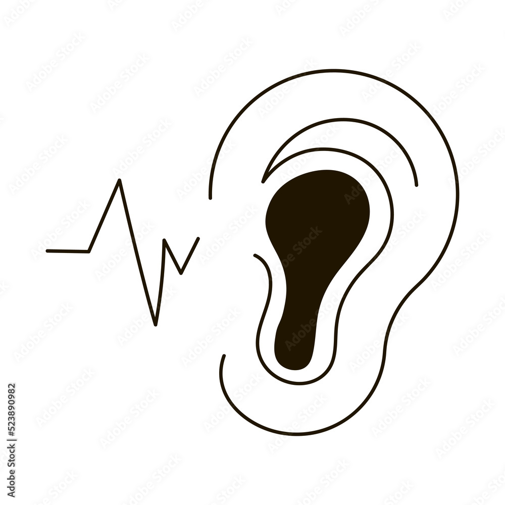 Human ear, hearing sound icon in outline style isolated on white background, medical health care concept Human ear, hearing sound icon in outline style isolated on white background, medical health care concept
