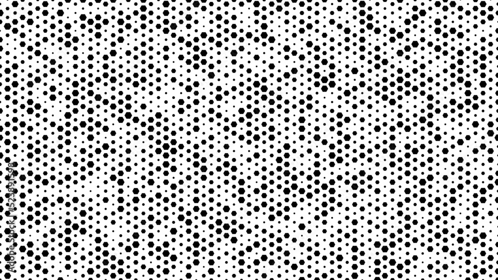 Halftone abstract geometric background frame. Monochrome texture of hexagons. Linear pattern of cells, honeycomb. Design banner, poster website, frame social networks, business. Vector illustration.