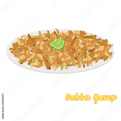 Bubba gump delicious shrimp with cheese, potatoes and lemon craving. Vector Bubba gump. photo