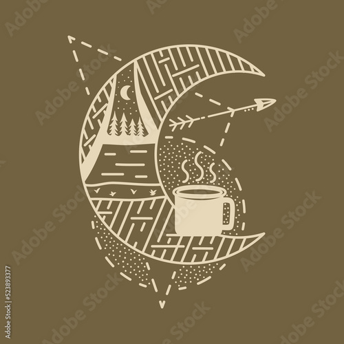 Camping adventure badge design. Outdoor crest logo with enamel mug and tent. Travel silhouette label isolated on dark. Stock vector tattoo graphics emblem
