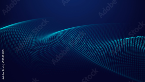 Fototapeta Naklejka Na Ścianę i Meble -  Futuristic glowing wave. The concept of big data. Network connection. Cybernetics. Abstract dark background of blue dots forming a wave. 3d rendering.