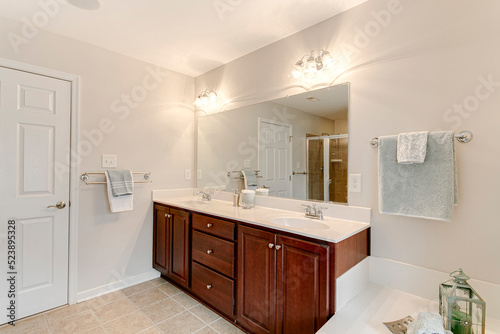 Modern bathroom vanity double sink wood staged