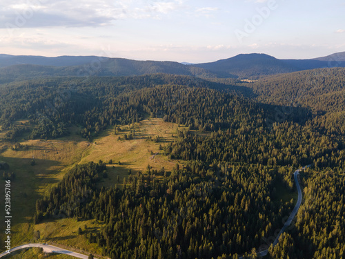Aerial Sunset view of  Rhodopes Mountains  Bulgaria