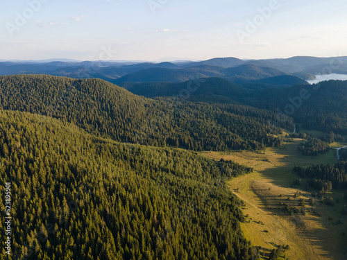 Aerial Sunset view of  Rhodopes Mountains, Bulgaria photo