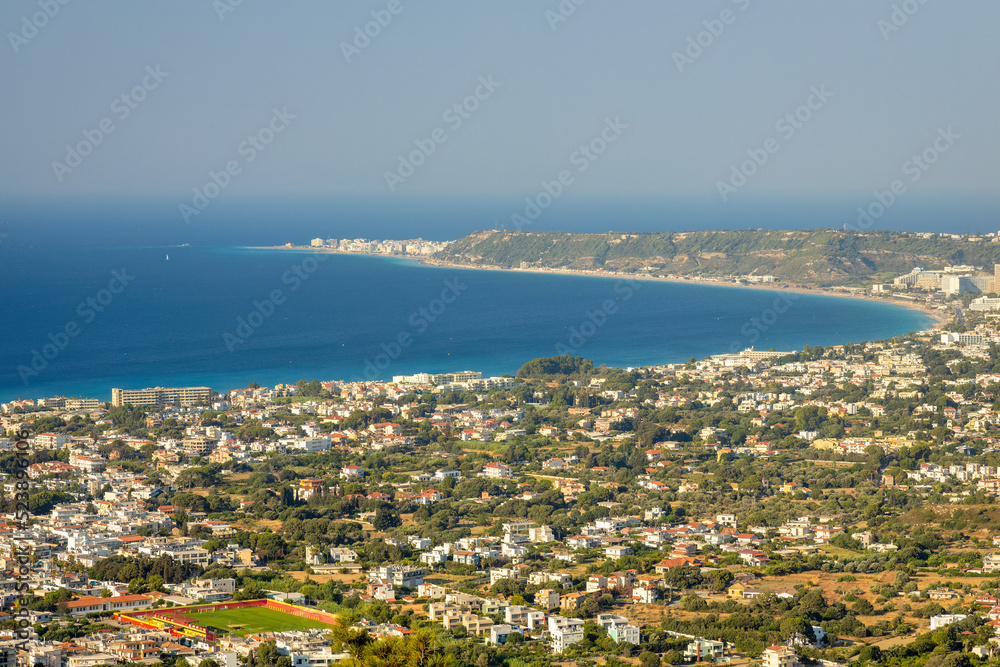 Aerial view of the northwest coast of the island and the city of Rhodes.