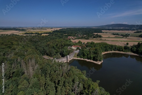 Parizov water reservoir dried up,Parizov dam,dried out during drought,Czech republic,Europe,aerial panorama landscape view,european droughts,climate change,Doubravka river,Vodní nádrž Pařížov photo