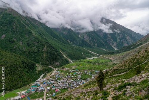 Scenic view of the Chitkul village with buildings, Sangla Valley, India photo