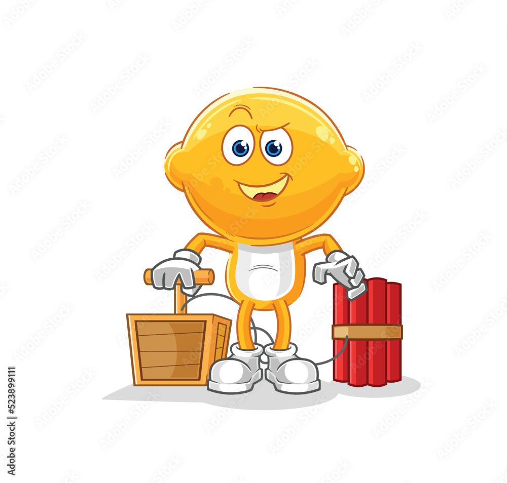 lemon head holding dynamite detonator. cartoon mascot vector